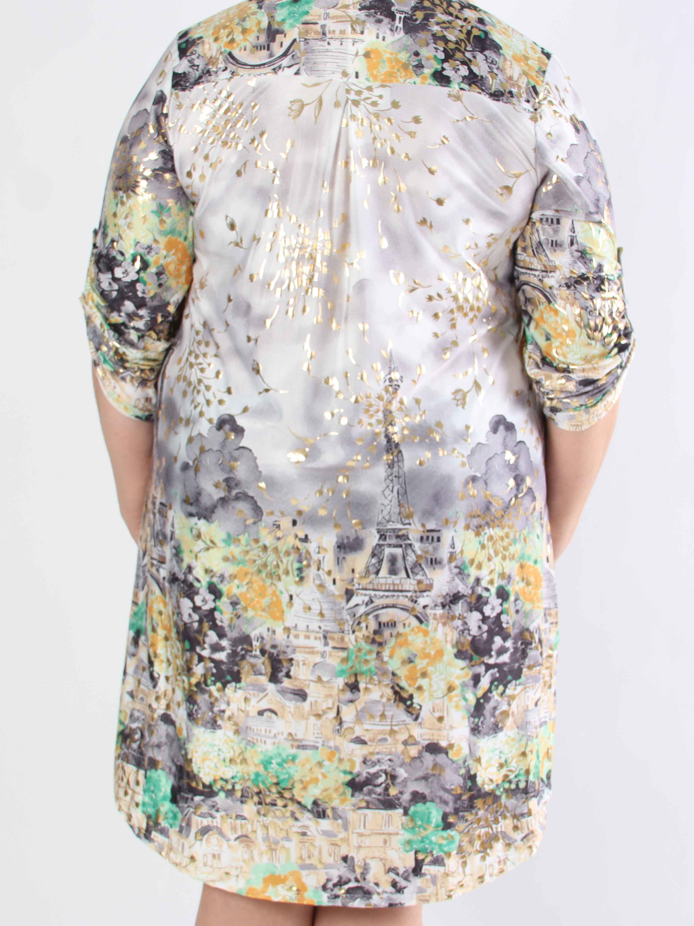 Ebba Paris Long - Elastisk mønstret plus size kjole med guld detaljer